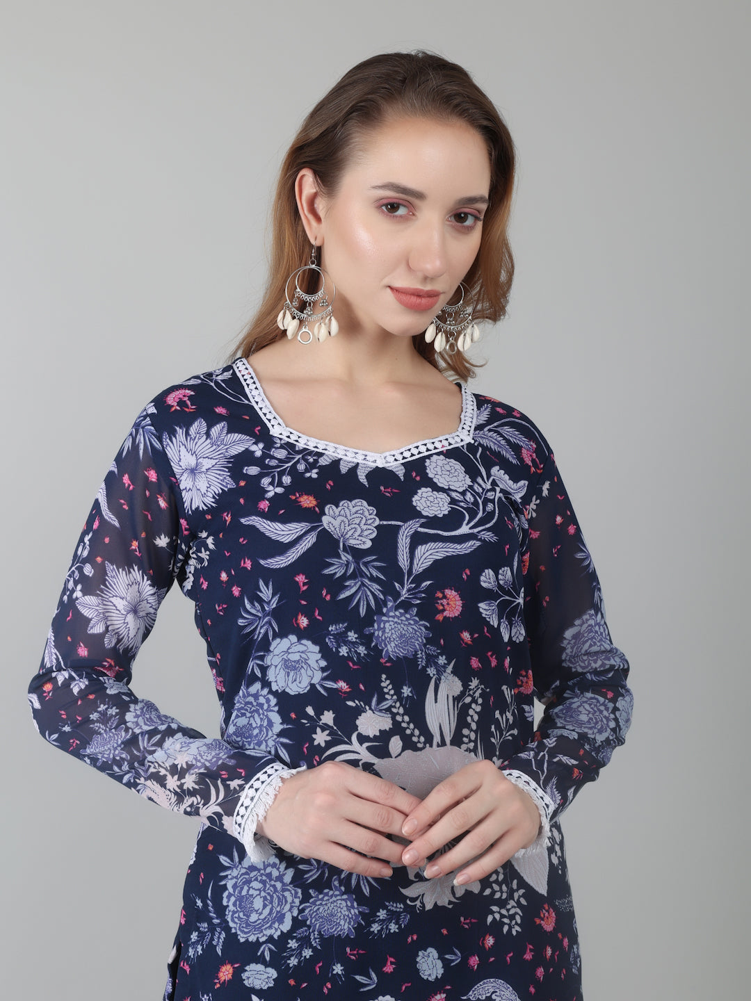 Navy Blue Georgette Printed Suit Set