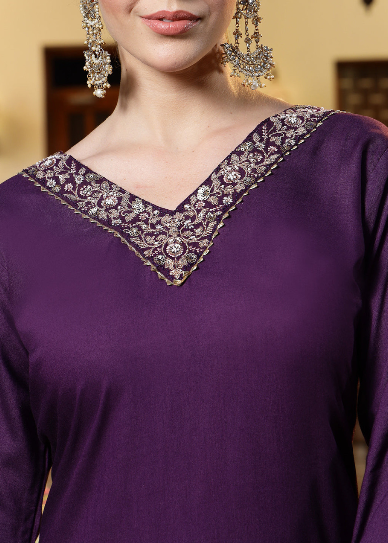 Purple Viscose Straight Cut Suit Set