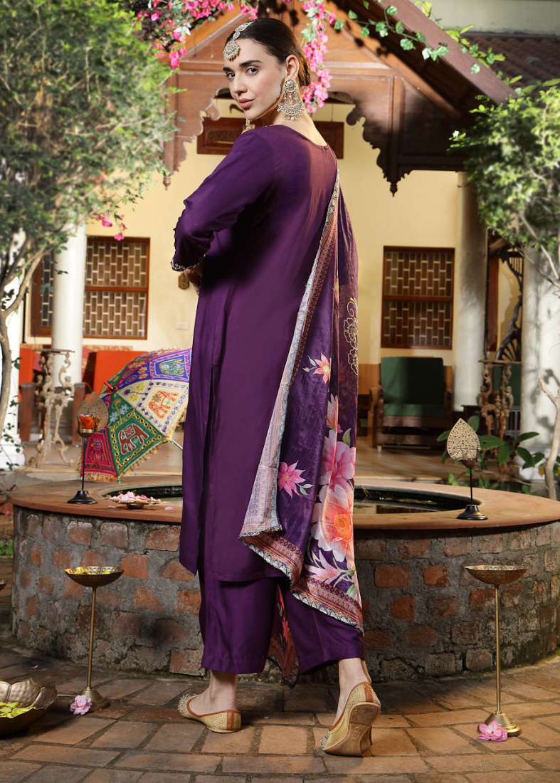 Purple Viscose Straight Cut Suit Set