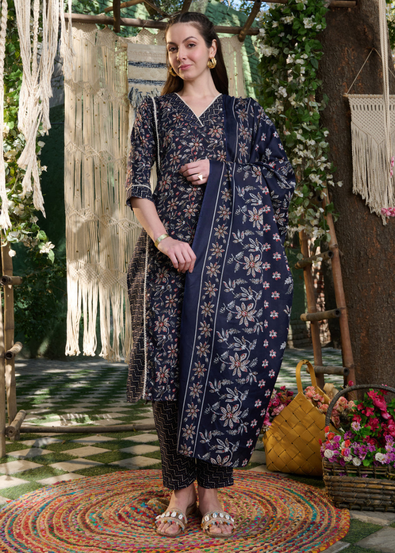 Cotton Straight Cut Suit Set In Blue