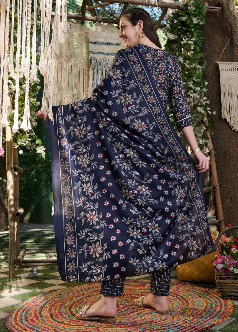 Cotton Straight Cut Suit Set In Blue