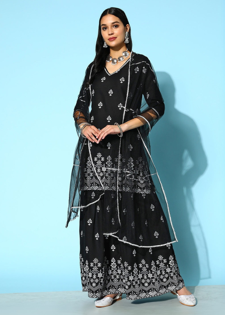 Black Rayon Printed Gharara Suit Set