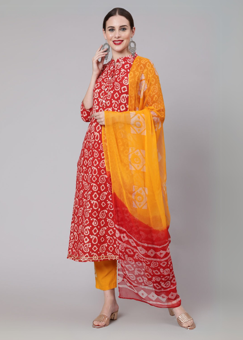 Red Cotton Straight Cut Suit Set