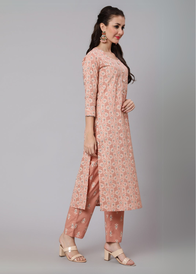 Deep Peach Cotton Printed Suit Set