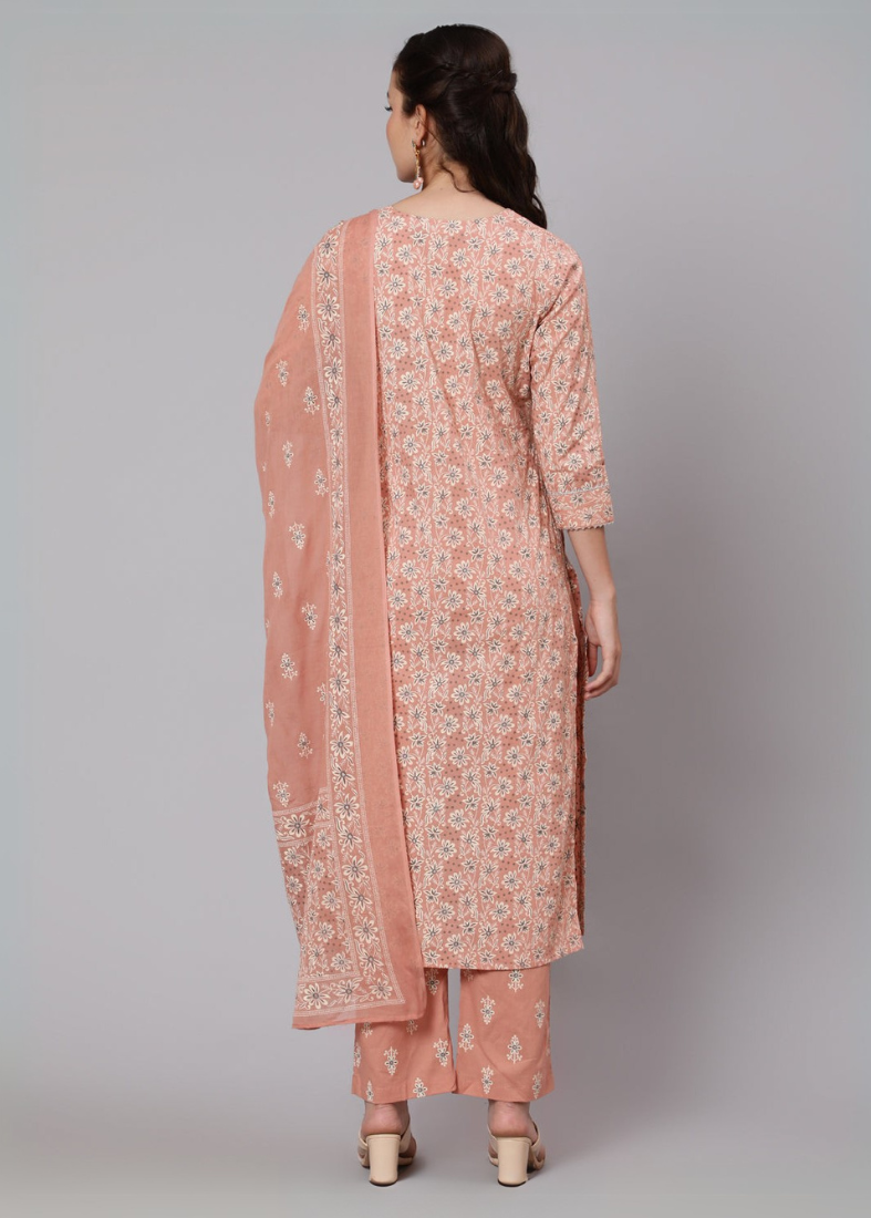 Deep Peach Cotton Printed Suit Set