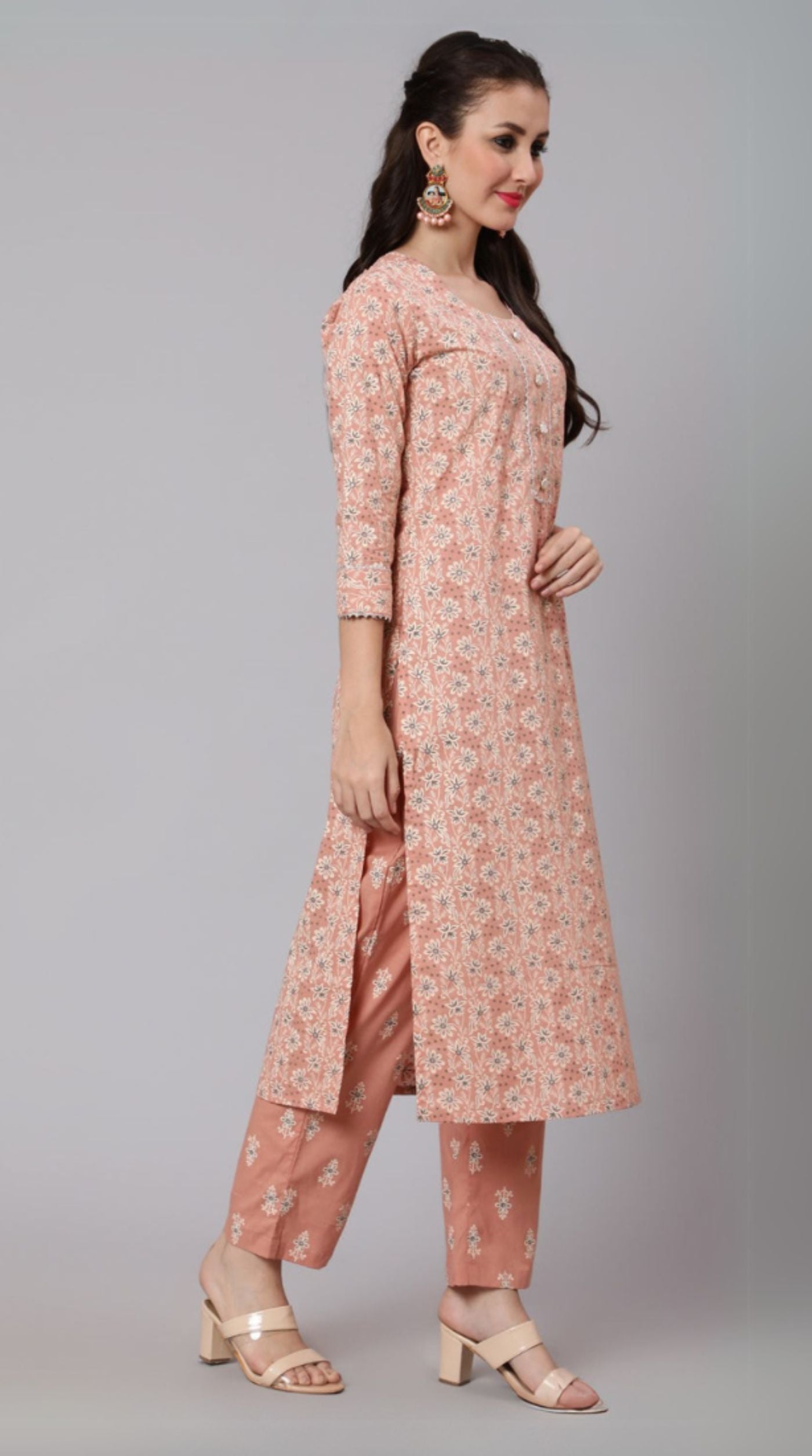 Deep Peach Cotton Printed Suit Set