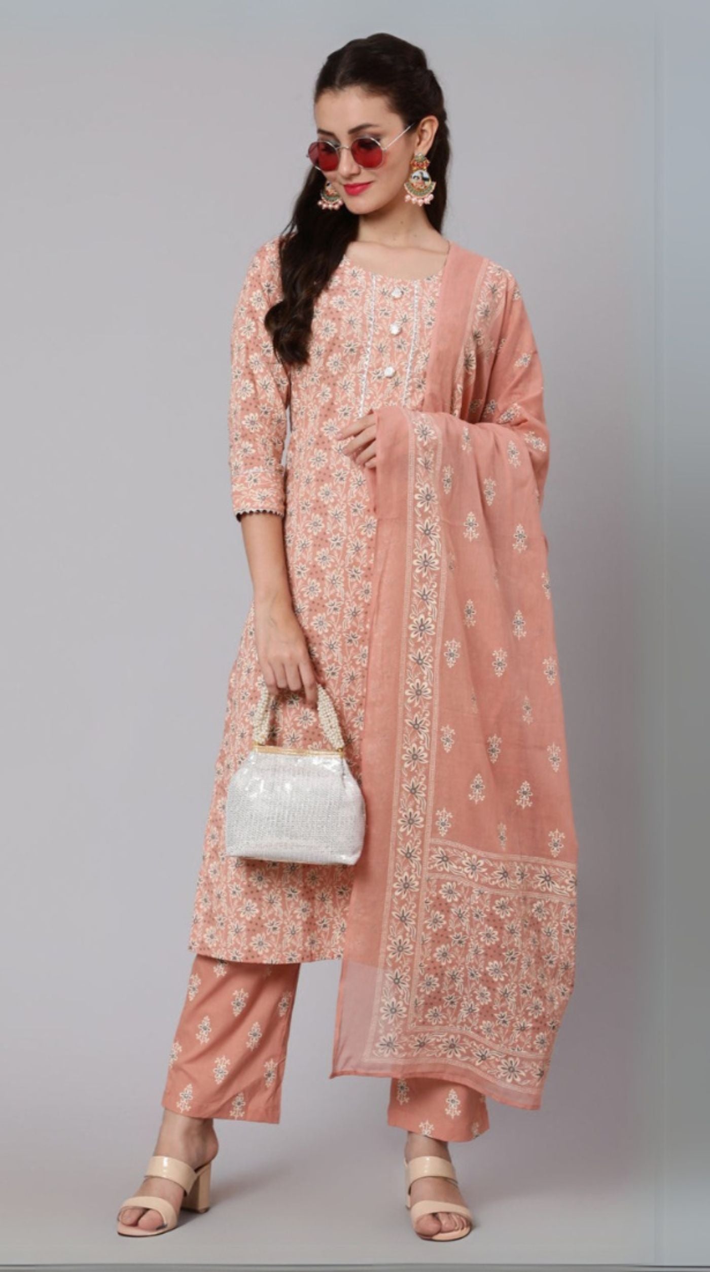 Deep Peach Cotton Printed Suit Set