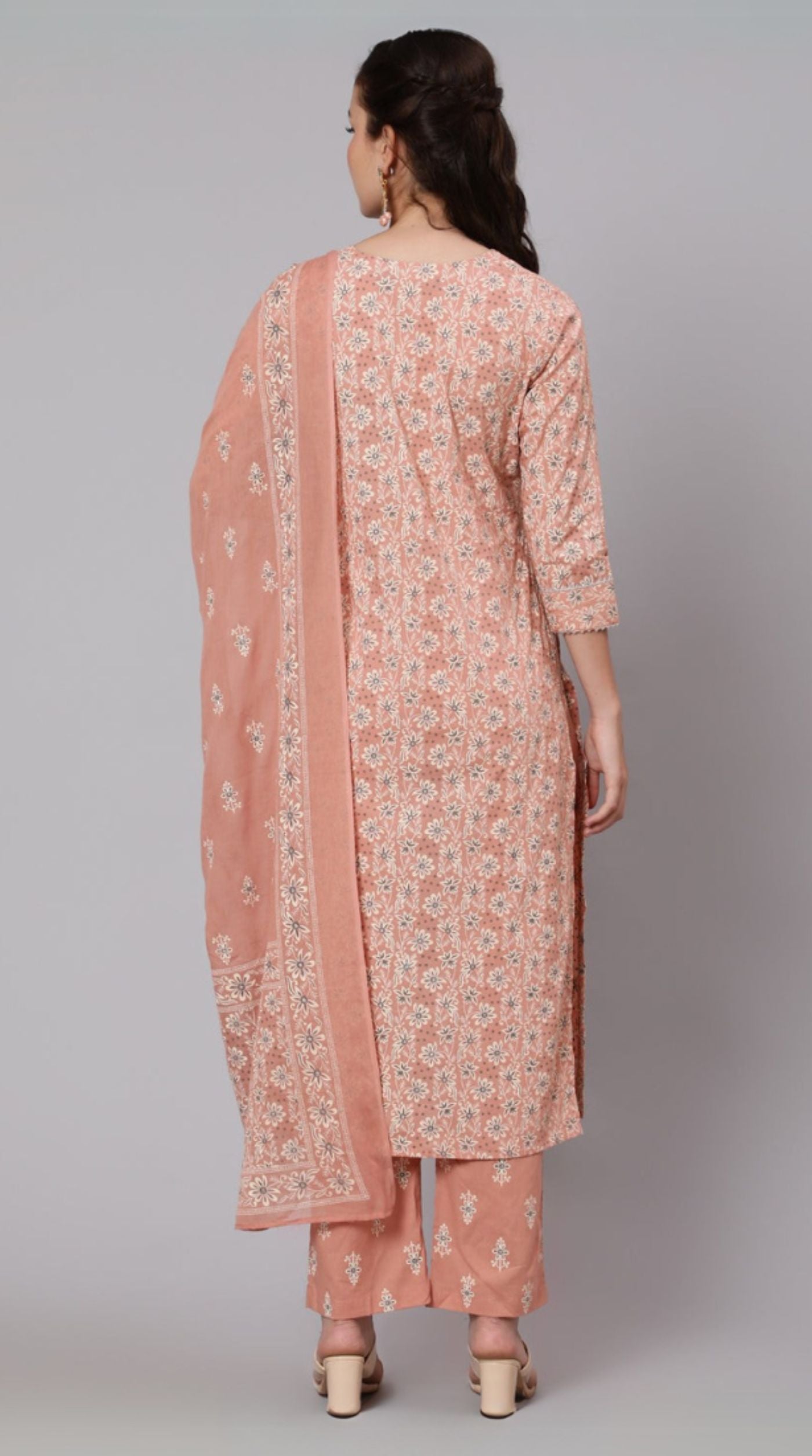 Deep Peach Cotton Printed Suit Set