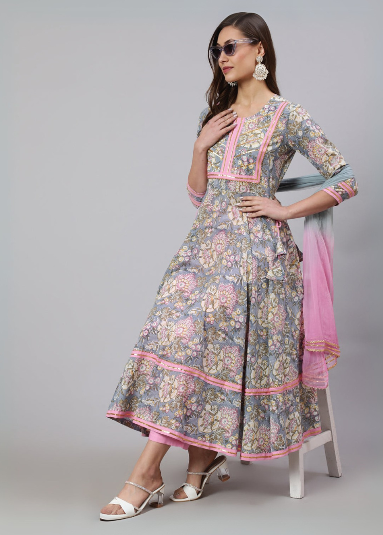 Grey Bias Cut Printed Suit Set