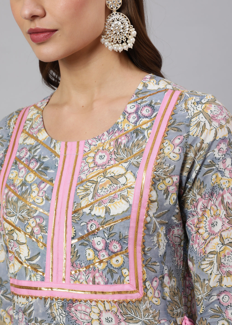 Grey Bias Cut Printed Suit Set