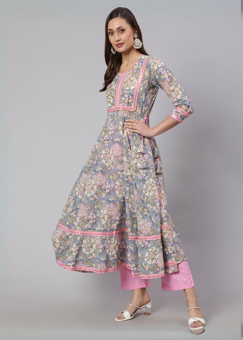 Grey Bias Cut Printed Suit Set