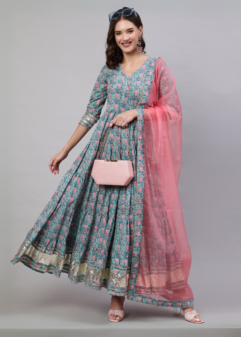 Jade Green Bias Cut Printed Dress Set