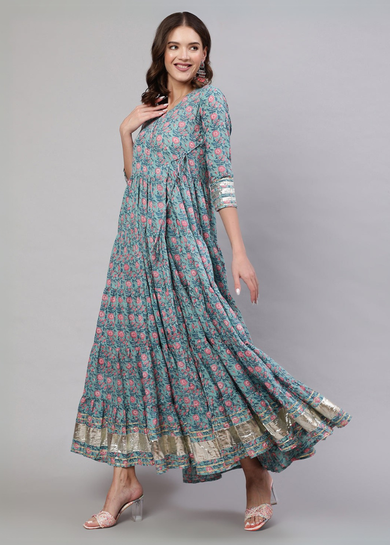 Jade Green Bias Cut Printed Dress Set