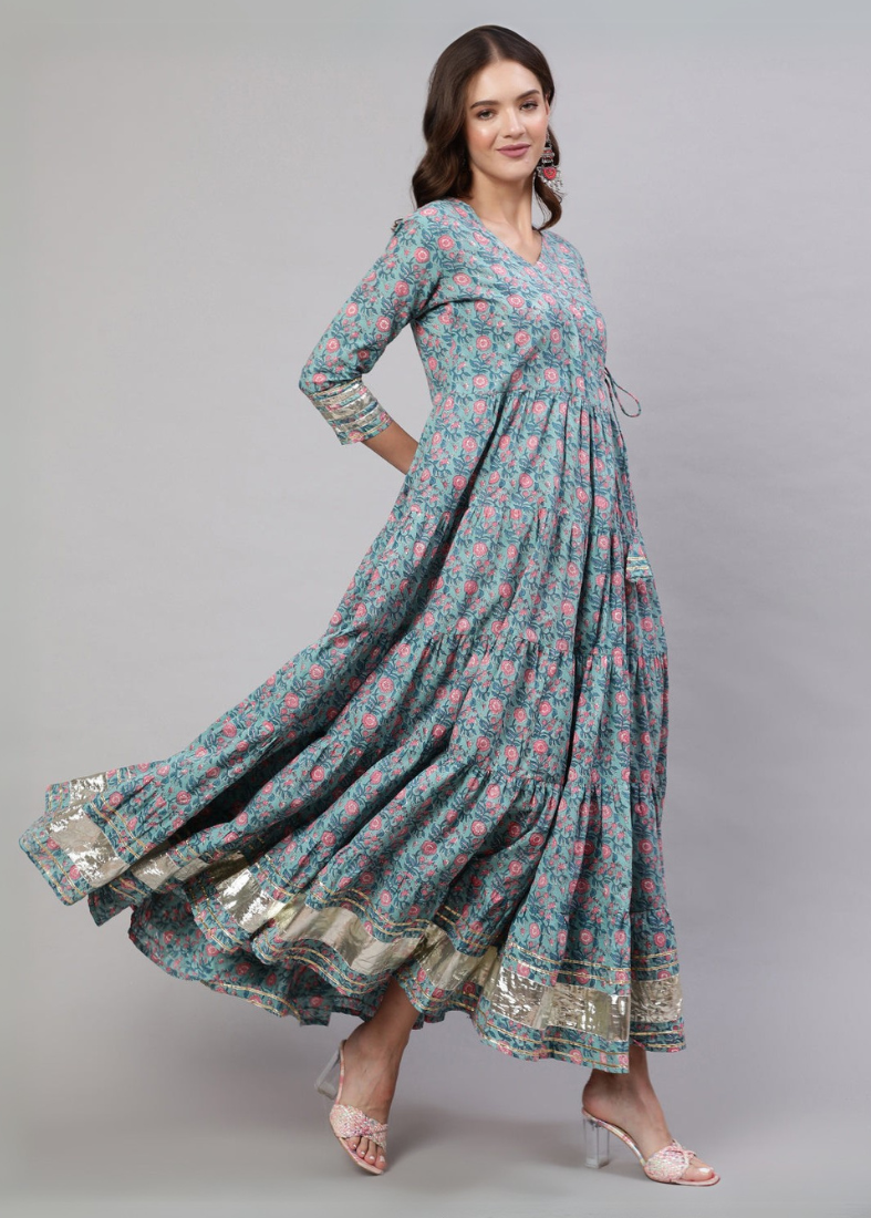 Jade Green Bias Cut Printed Dress Set