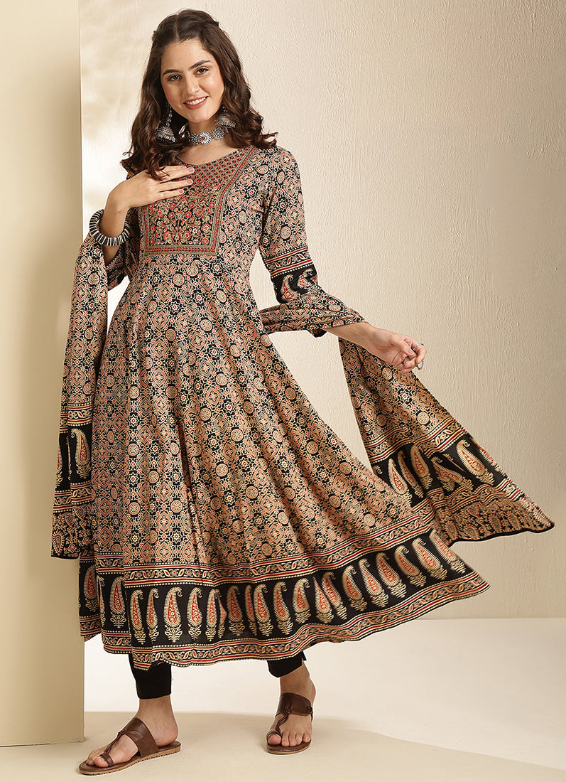 Black Cotton Bias Cut Printed Suit