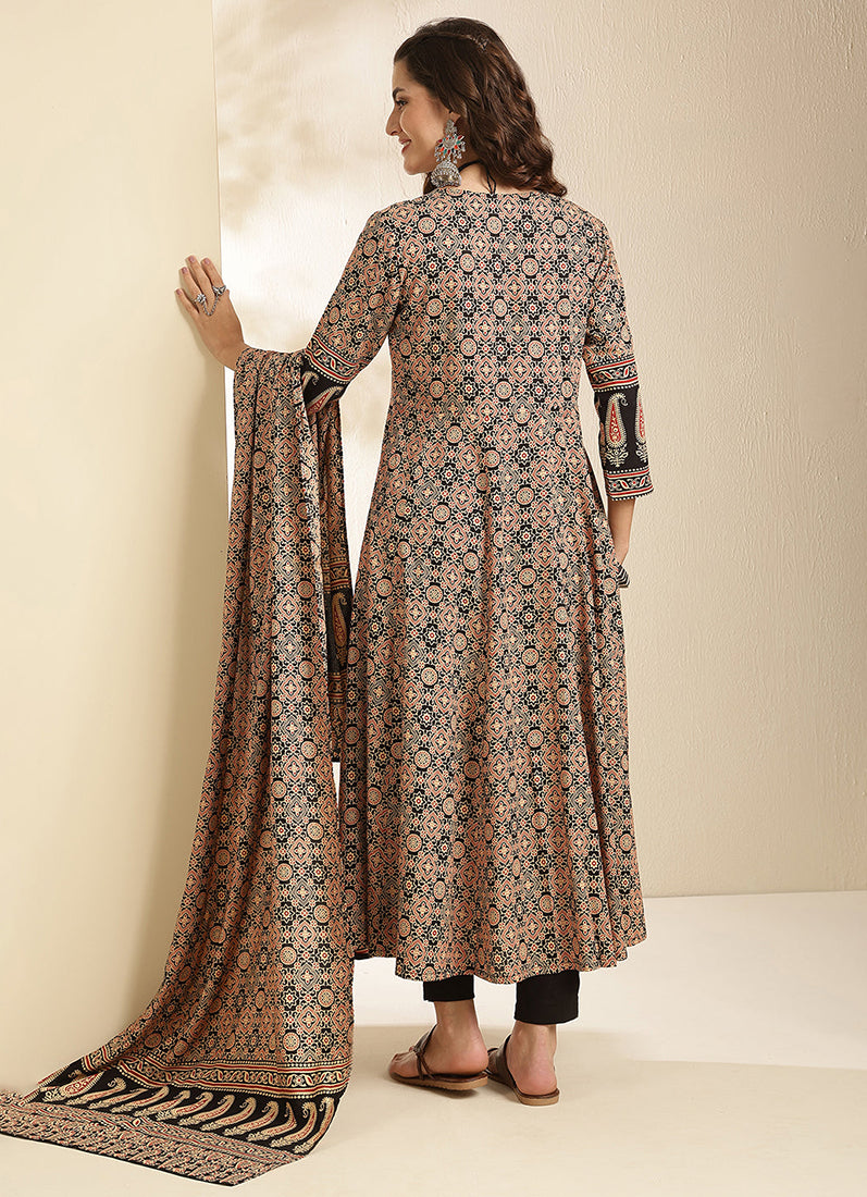 Black Cotton Bias Cut Printed Suit