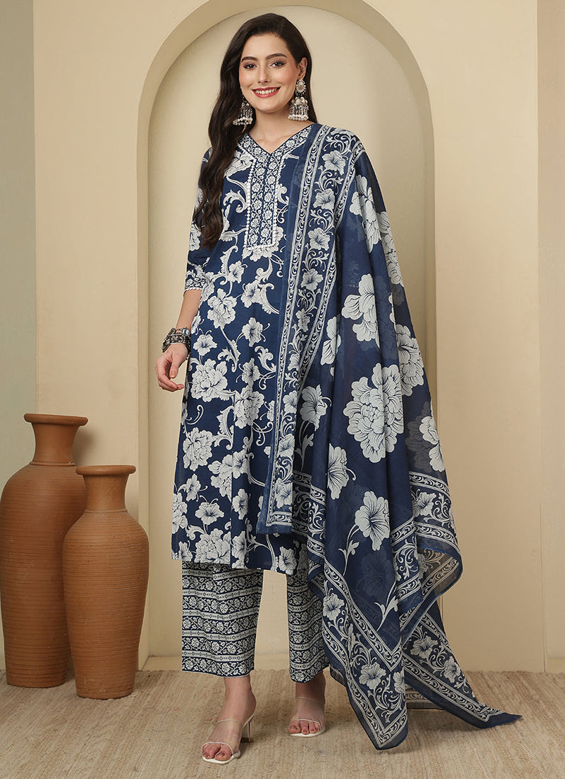 Blue Cotton Straight Cut Printed Suit
