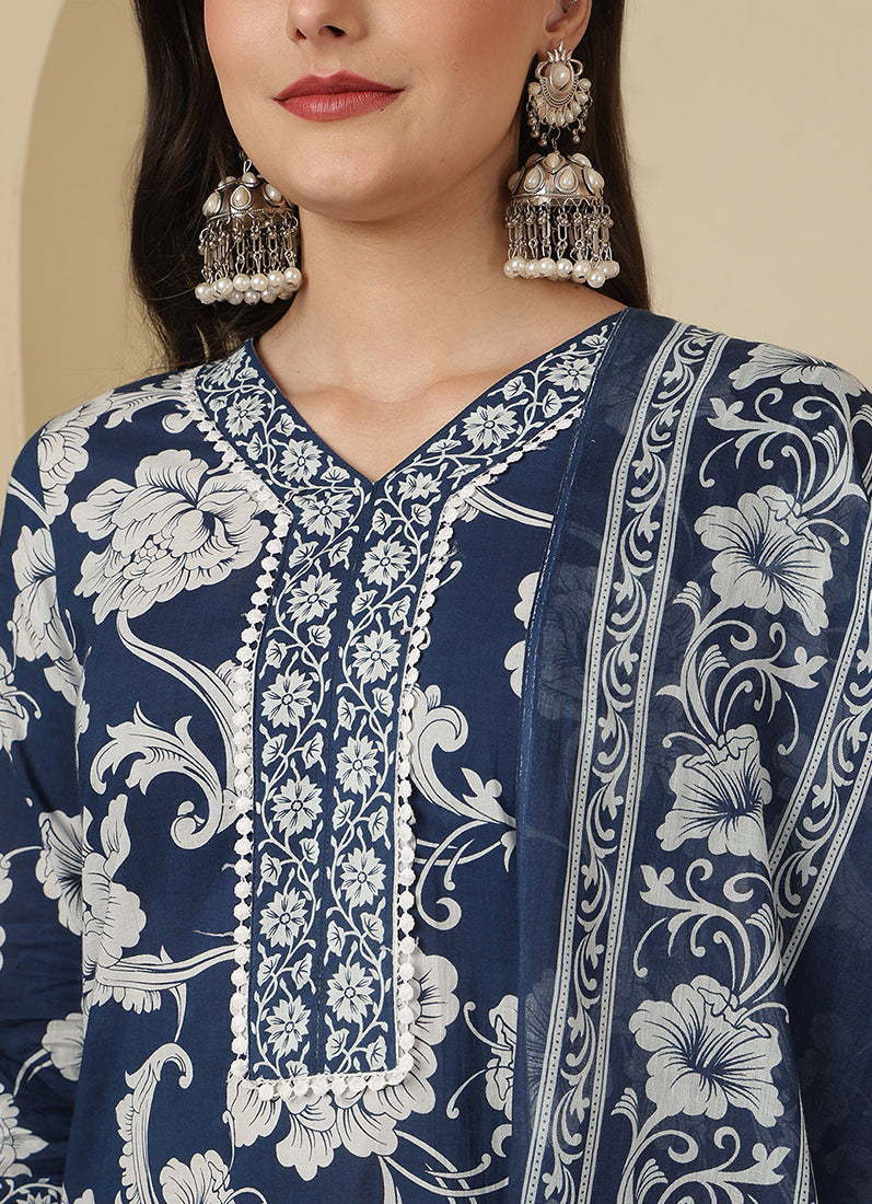 Blue Cotton Straight Cut Printed Suit