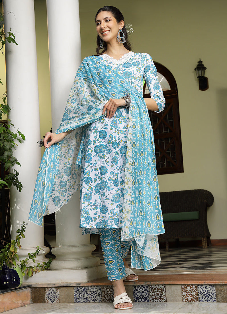 Light Blue Cotton Bias Cut Printed Suit