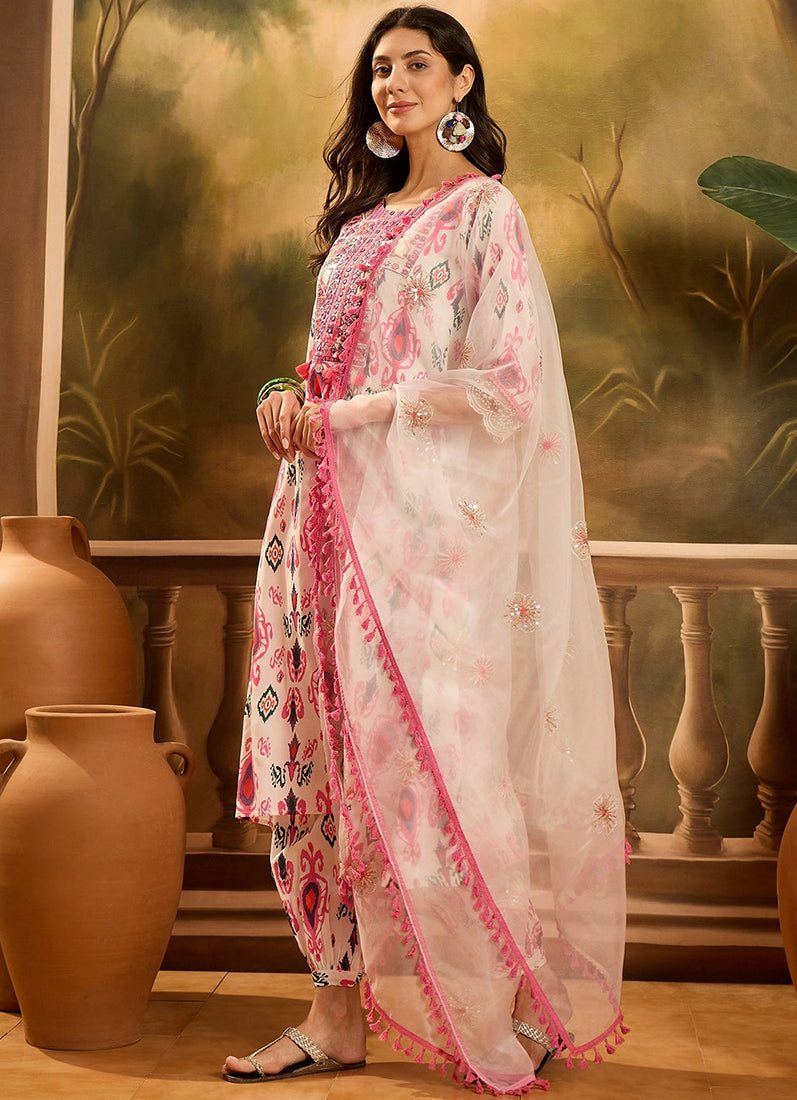 White Cotton A-Line Printed Suit Set