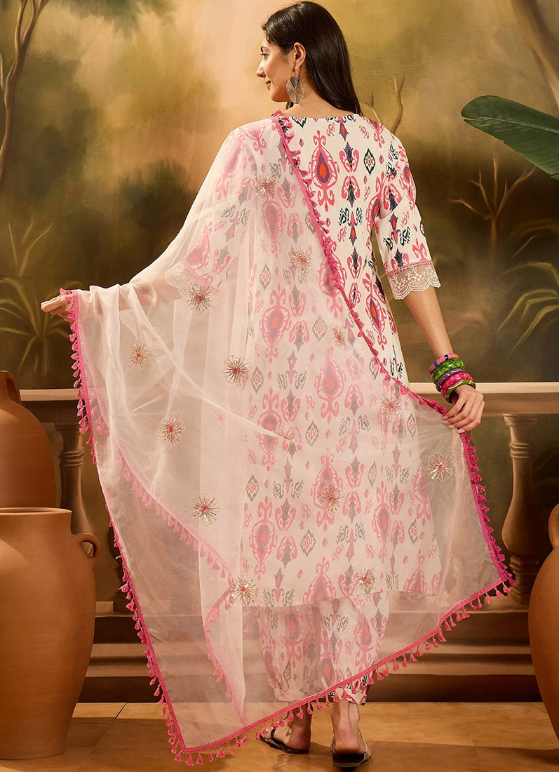 White Cotton A-Line Printed Suit Set