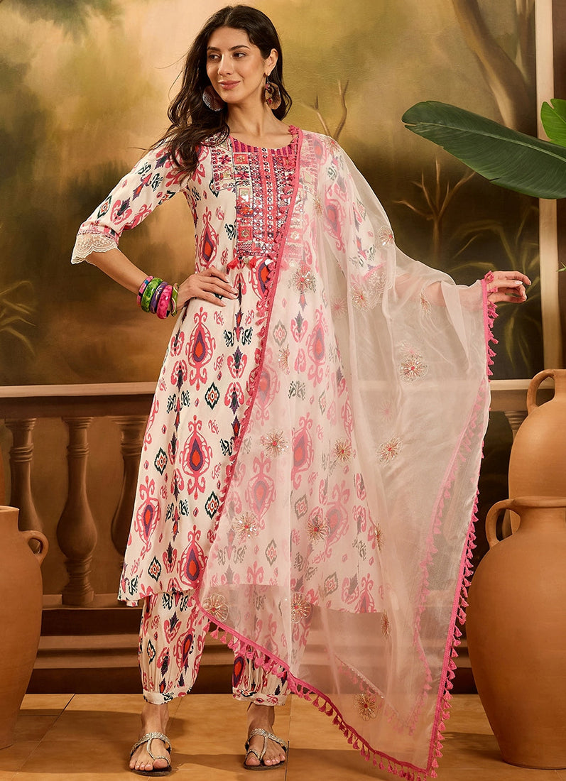 White Cotton A-Line Printed Suit Set