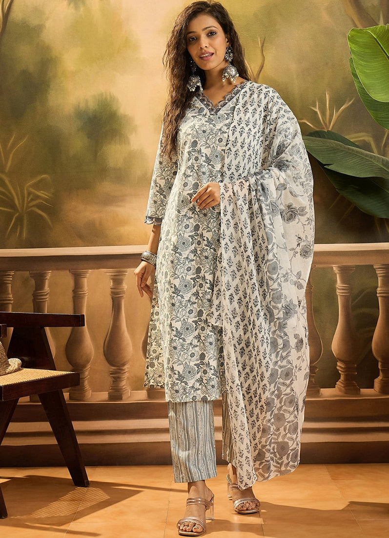 Grey Cotton Straight Cut Printed Suit