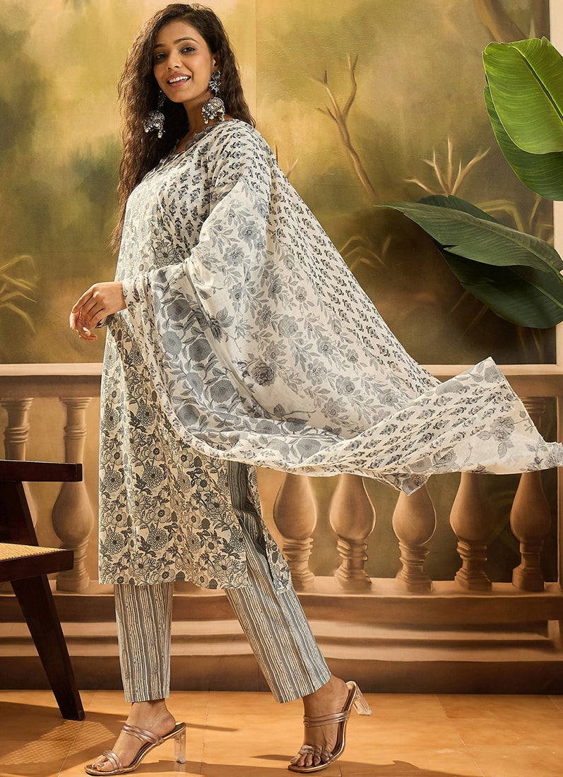 Grey Cotton Straight Cut Printed Suit