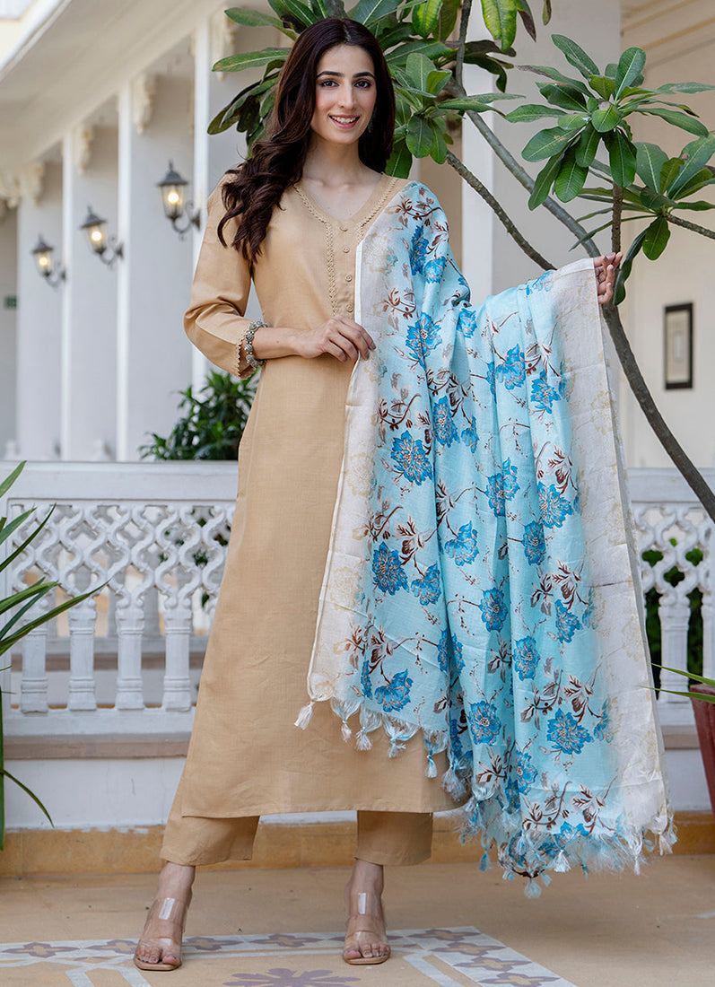 Beige Moss Crepe Straight Cut Suit Set