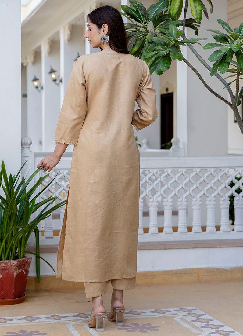 Beige Moss Crepe Straight Cut Suit Set