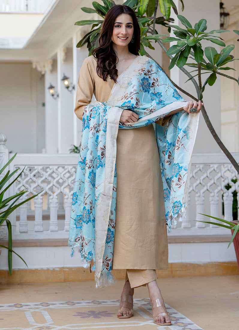 Beige Moss Crepe Straight Cut Suit Set