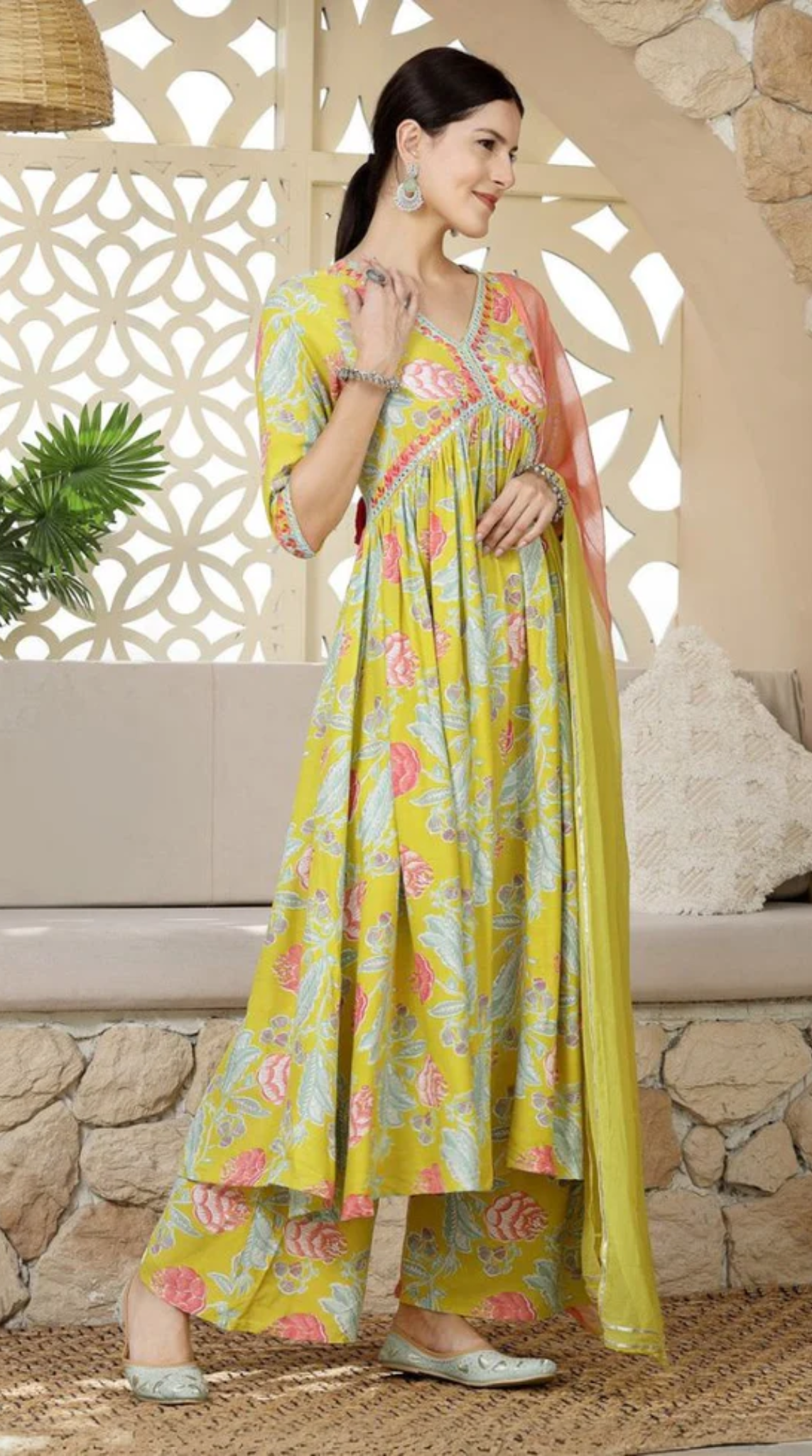 Rayon Bias Cut Suit Set In Yellow