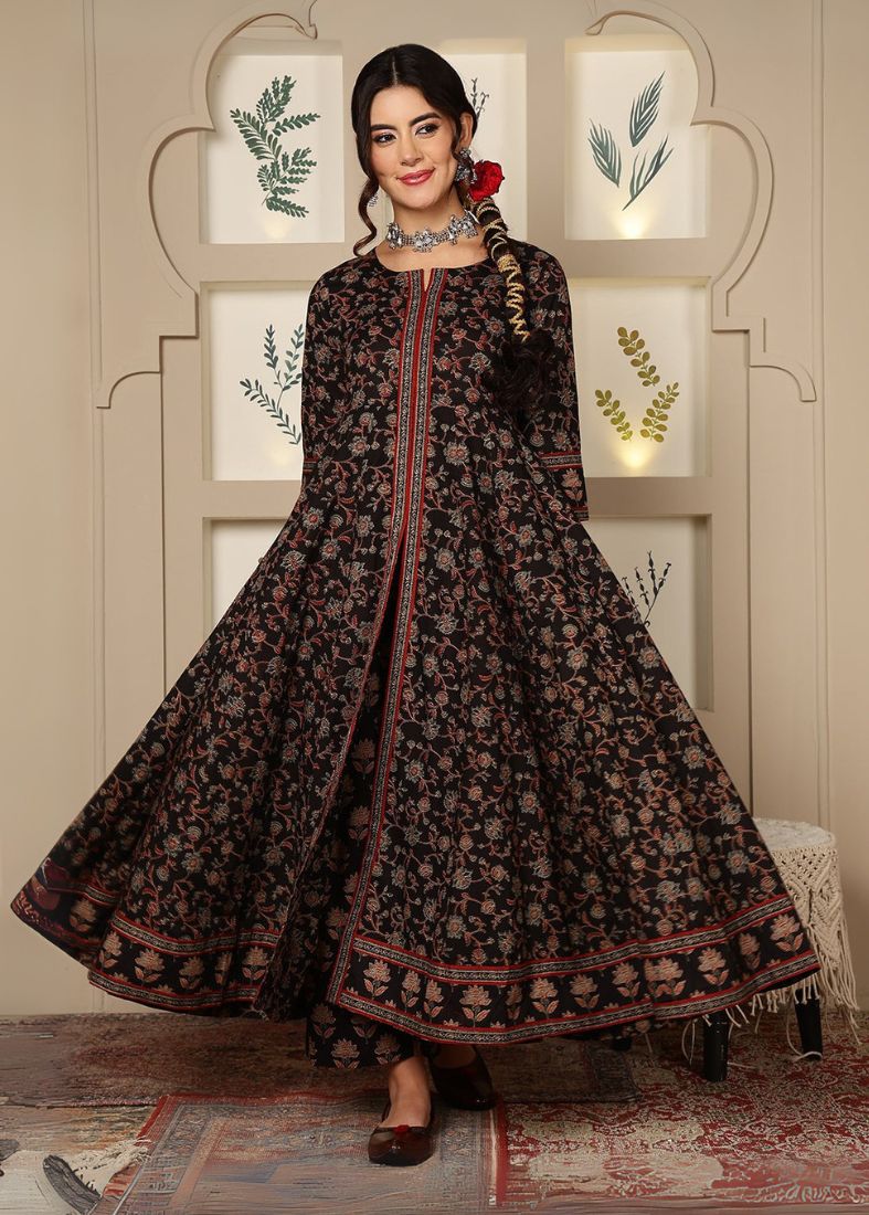 Black Cotton Printed Front Slit Suit Set