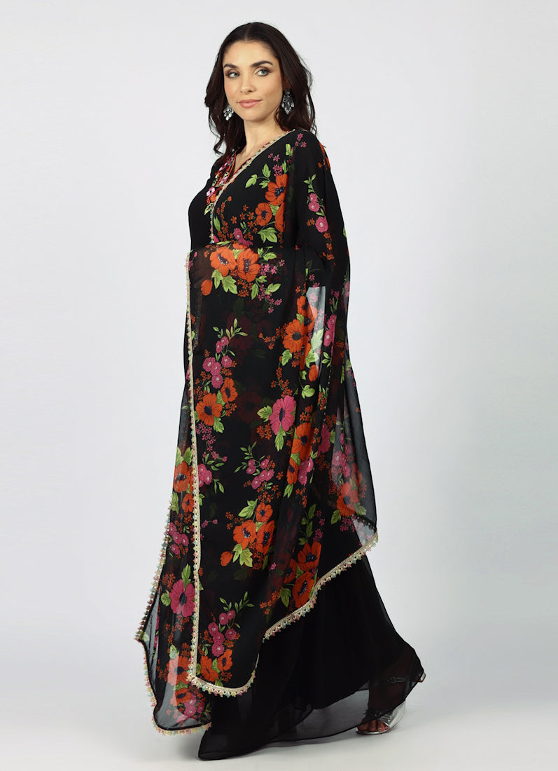 Black Georgette Thread Embroidered Suit Set