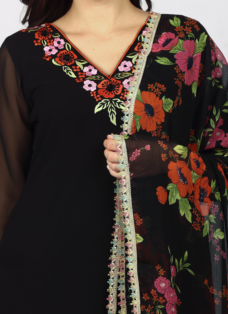 Black Georgette Thread Embroidered Suit Set