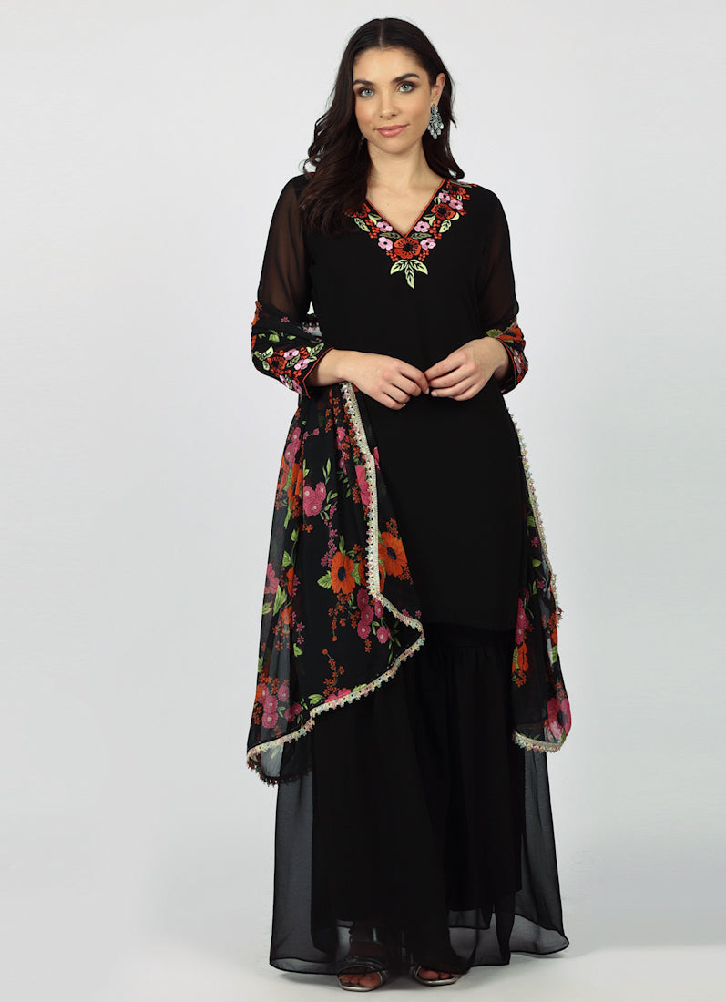 Black Georgette Thread Embroidered Suit Set