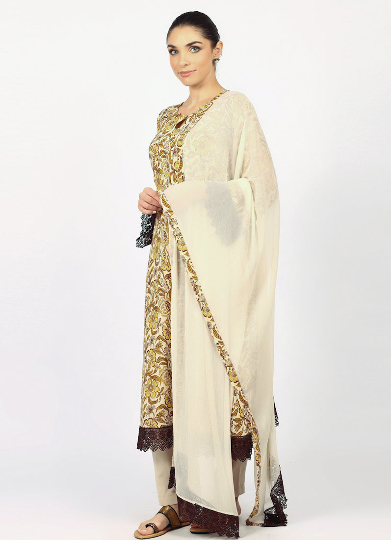 Mouse Brown Georgette Printd Suit Set