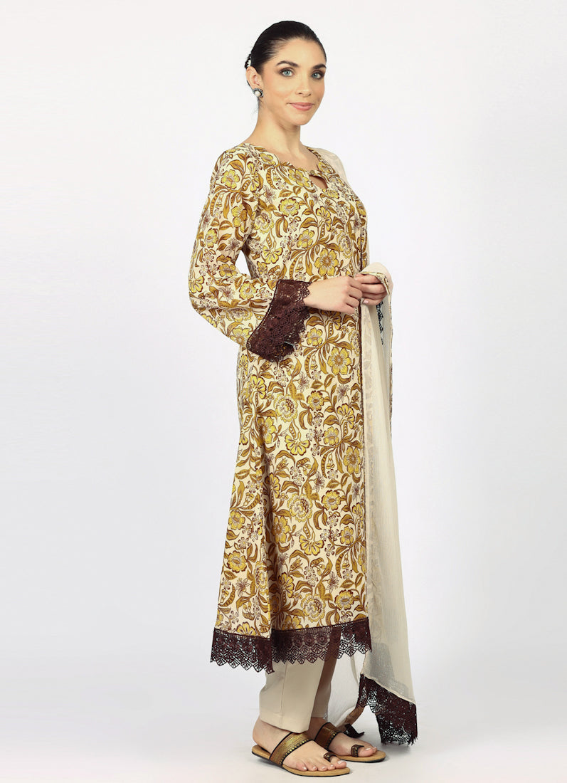 Mouse Brown Georgette Printd Suit Set