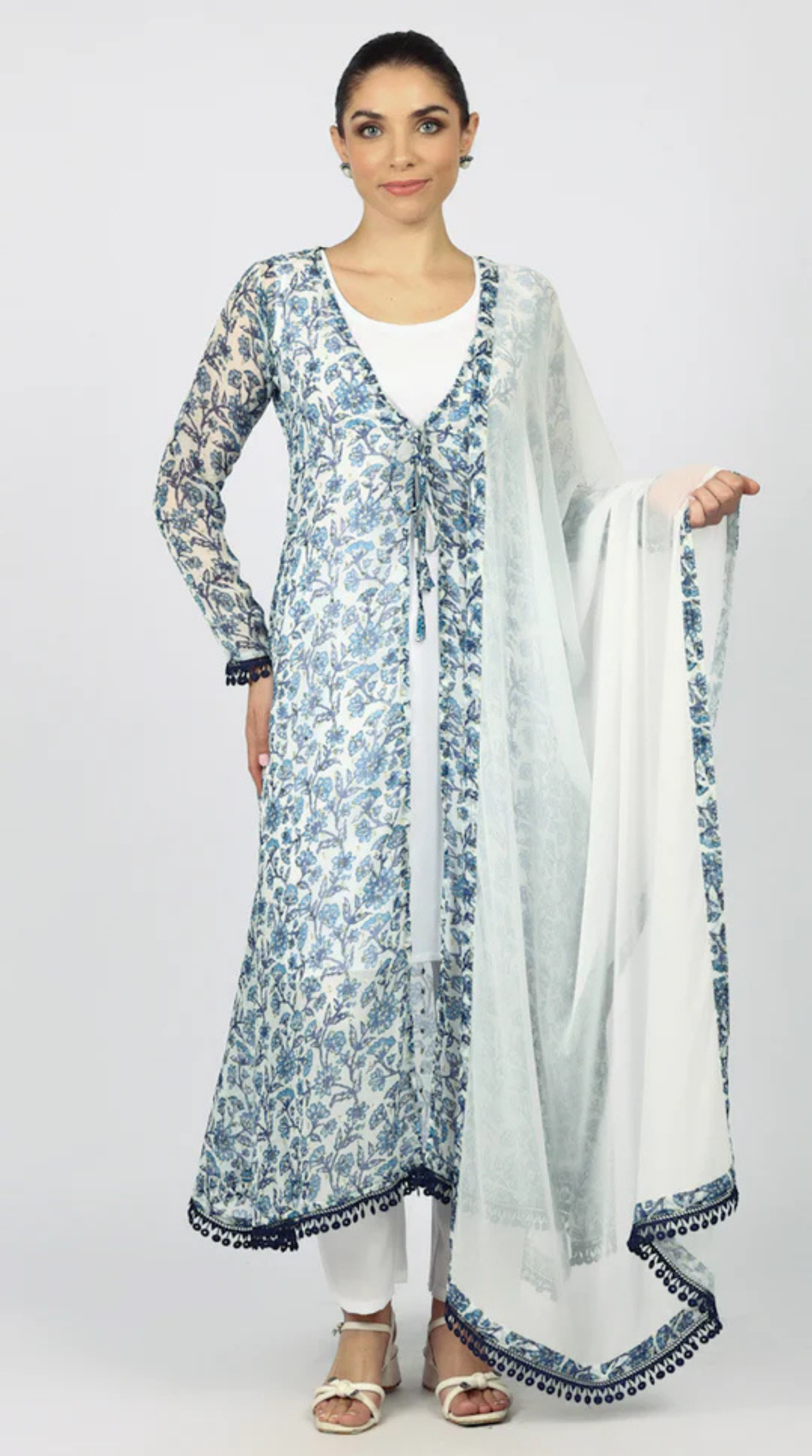 White Chiffion Printed Jacket Style Suit Set