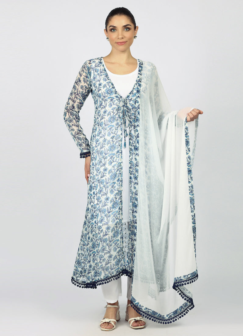 White Chiffion Printed Jacket Style Suit Set