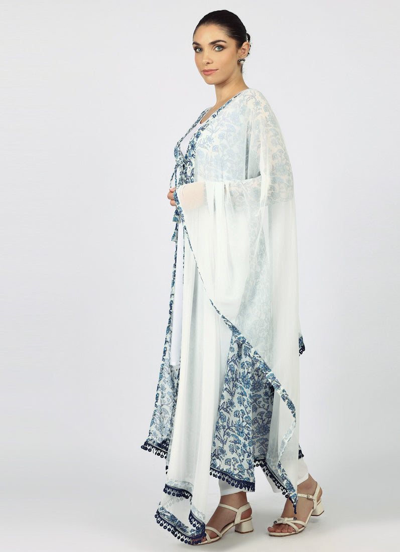 White Chiffion Printed Jacket Style Suit Set