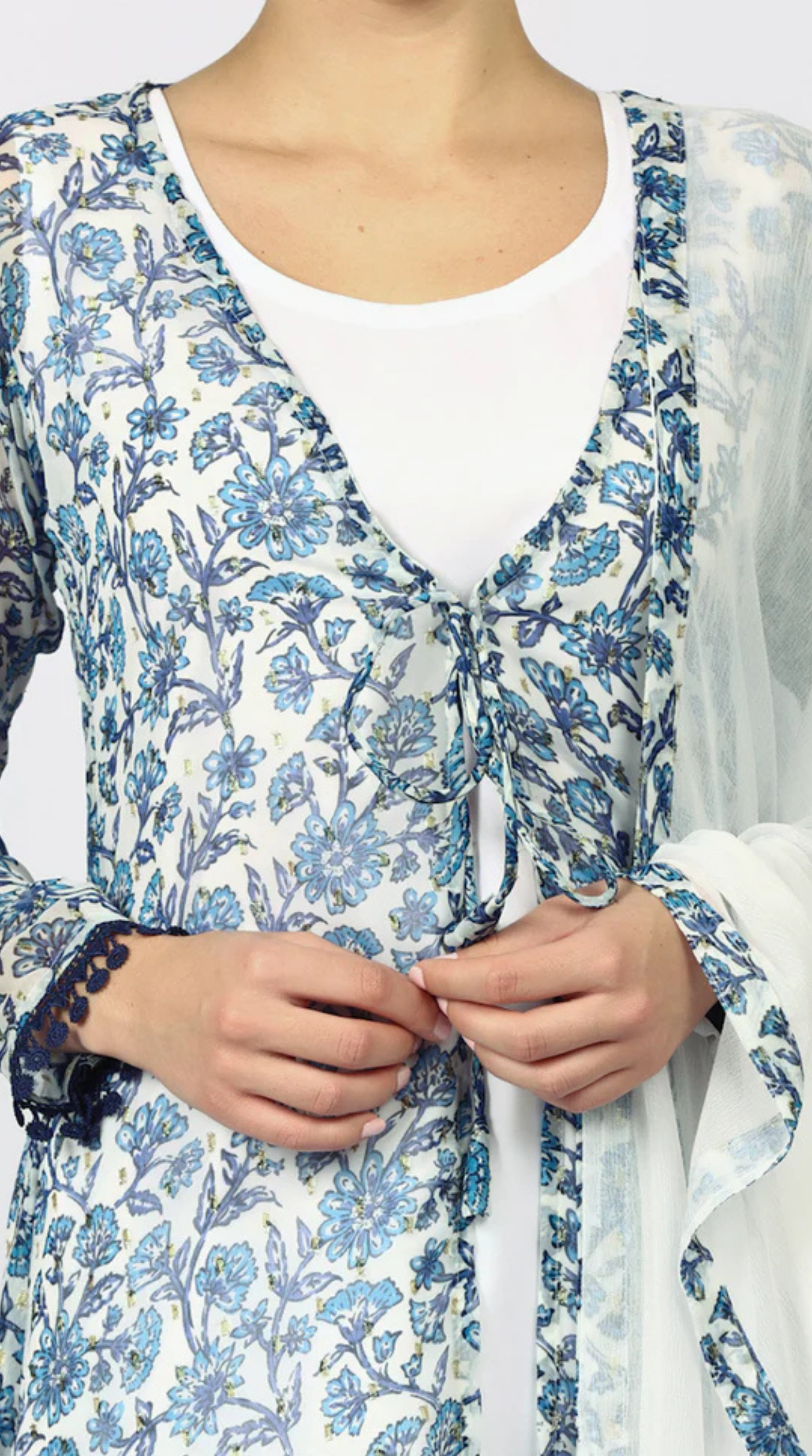 White Chiffion Printed Jacket Style Suit Set