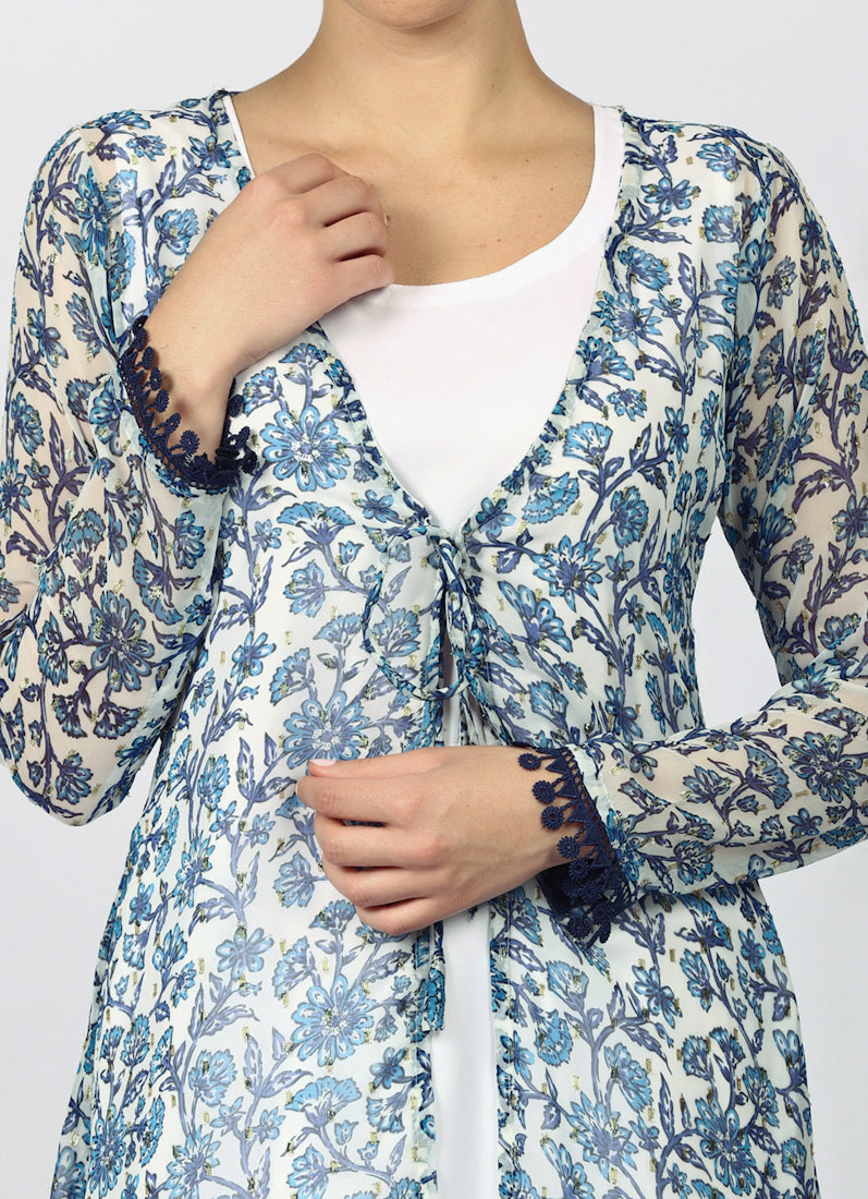 White Chiffion Printed Jacket Style Suit Set