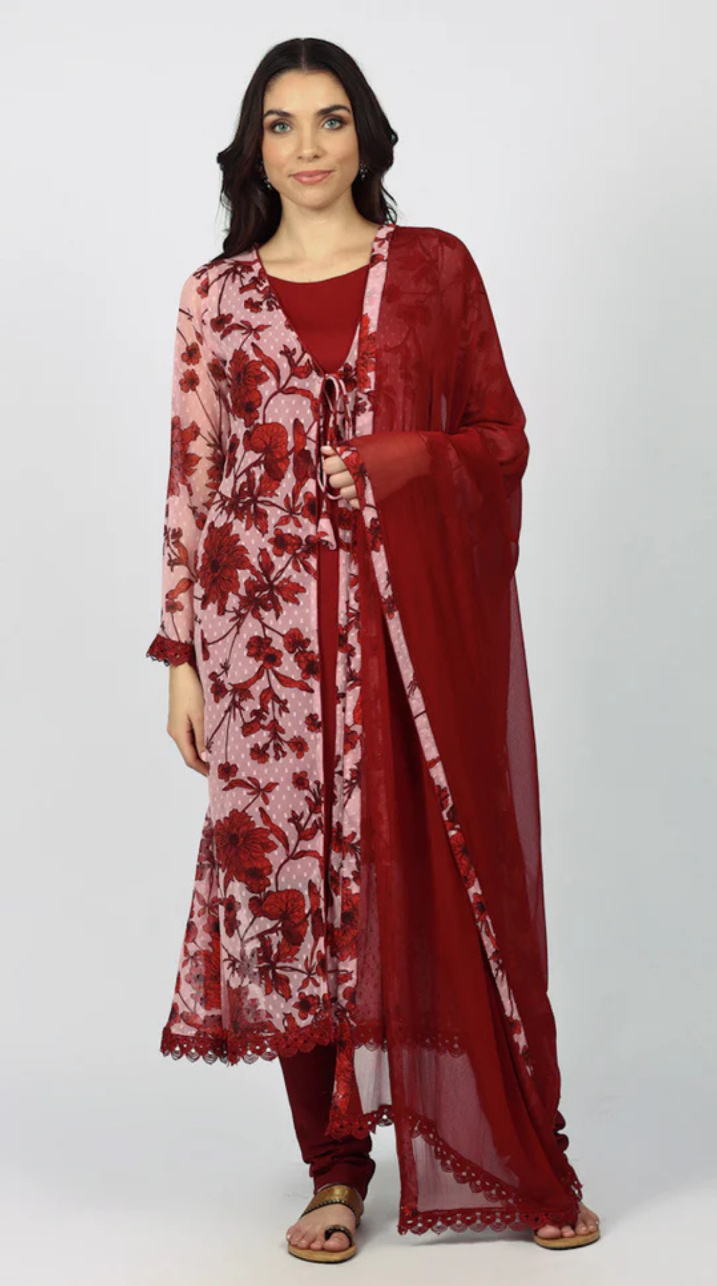 Wine Chiffion Printed Jacket Style Suit Set