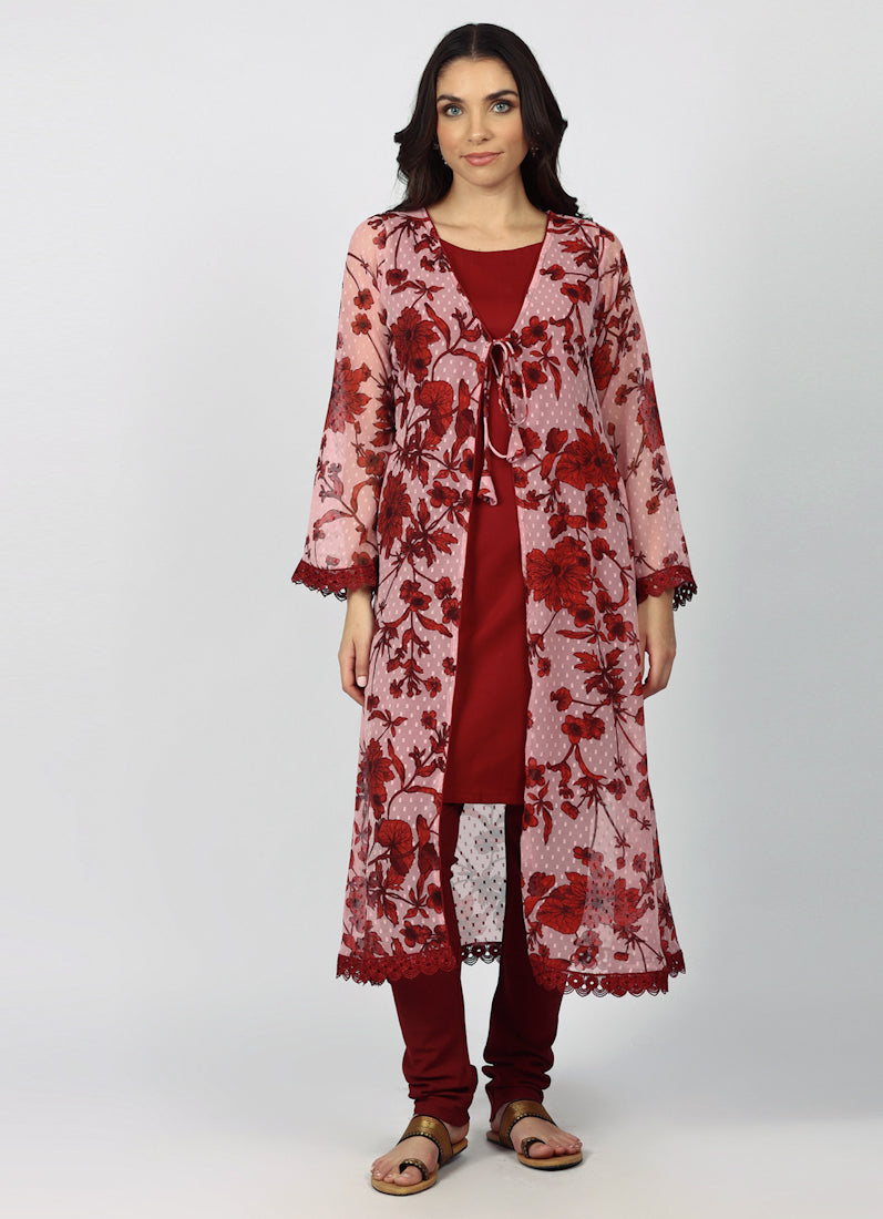 Wine Chiffion Printed Jacket Style Suit Set