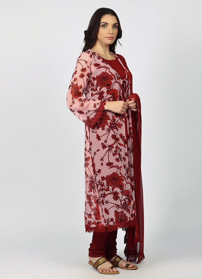 Wine Chiffion Printed Jacket Style Suit Set
