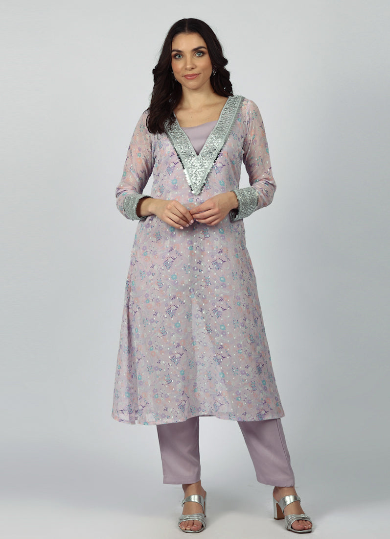 Lavendar Georgette A-line Suit Set
