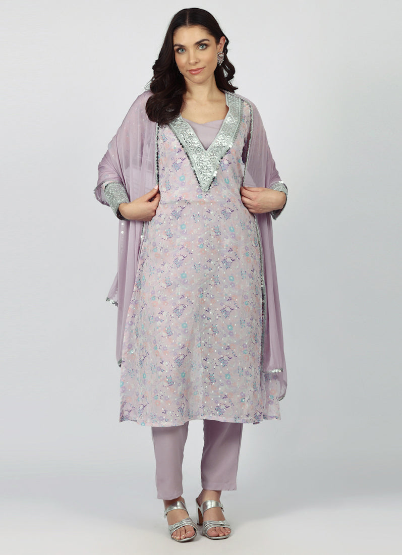 Lavendar Georgette A-line Suit Set