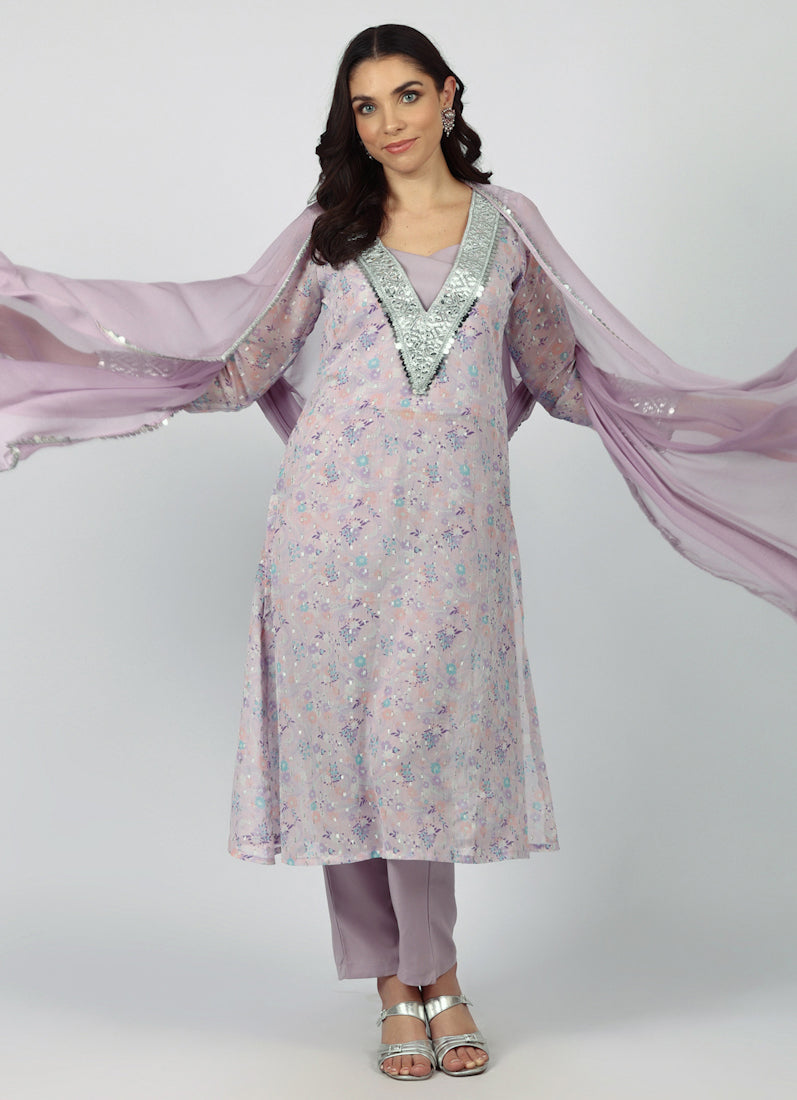 Lavendar Georgette A-line Suit Set