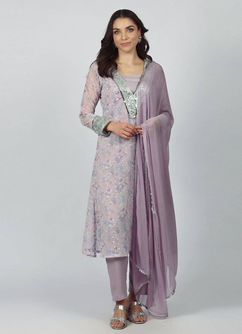 Lavendar Georgette A-line Suit Set